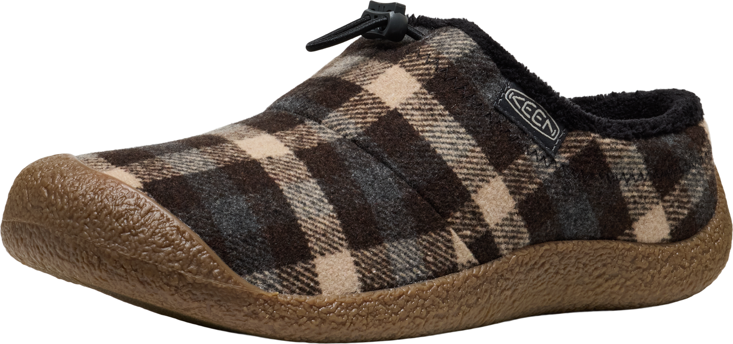 Plaid clog-style shoe with a tan sole.