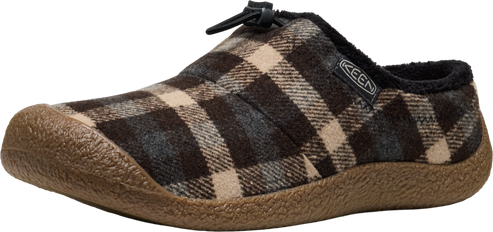 Plaid clog-style shoe with a tan sole.