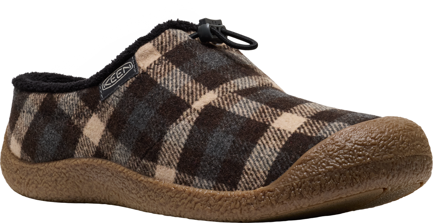 Plaid slip-on shoe, brown sole, rounded toe.