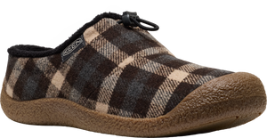 Plaid slip-on shoe, brown sole, rounded toe.
