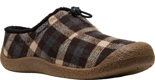 Plaid slip-on shoe, brown sole, rounded toe.
