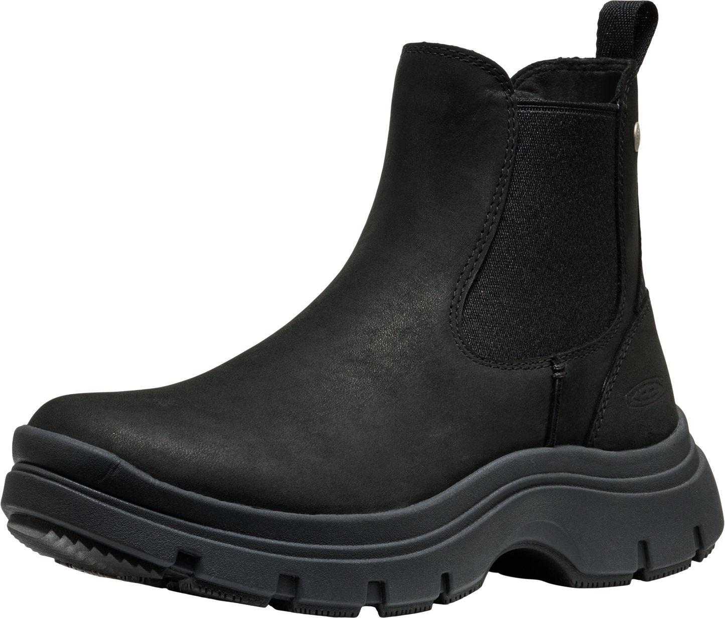 Black Chelsea boot with elastic side panels and a thick lug sole.