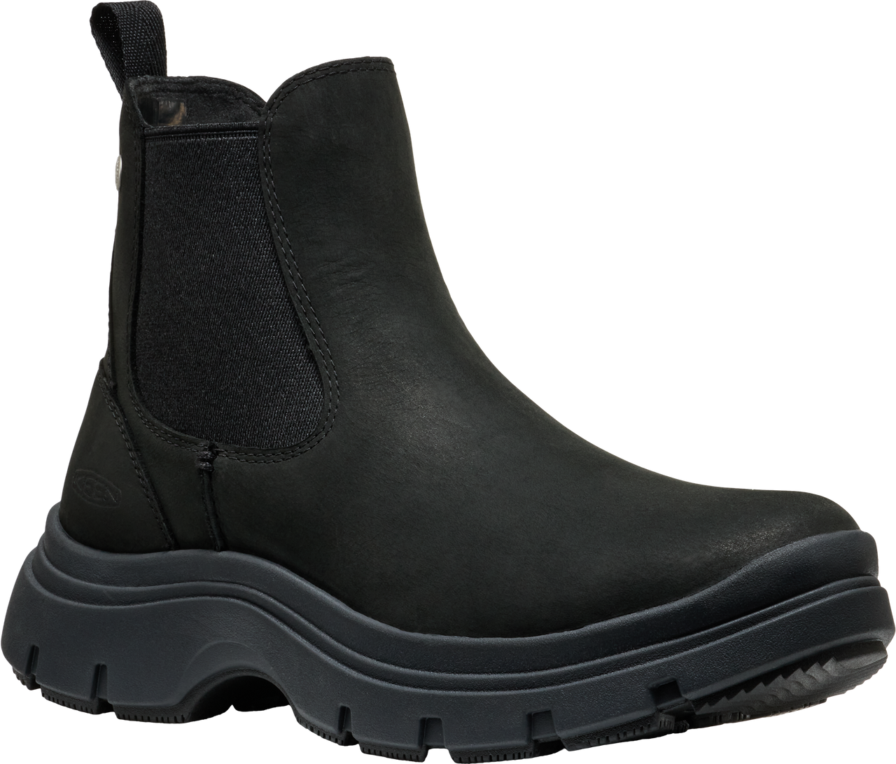 A black Chelsea-style boot with a thick, lugged sole and elastic side panels.