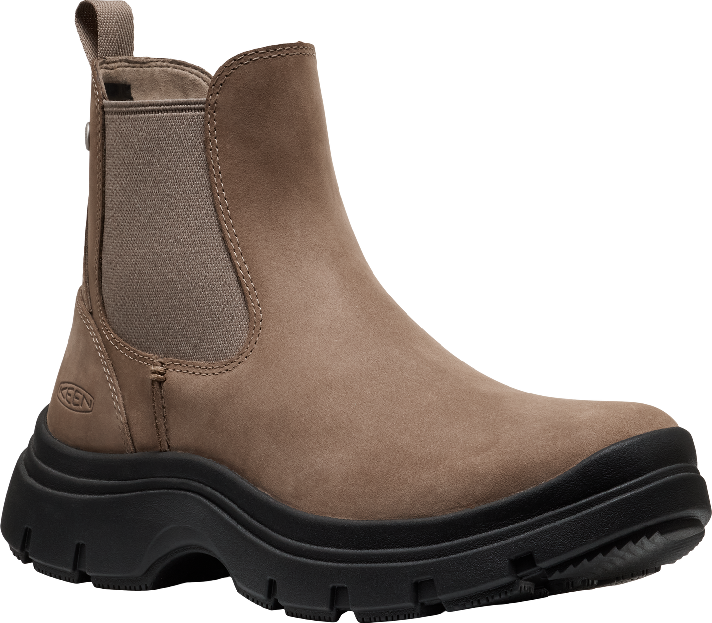 A pull-on light brown leather ankle boot with elastic side panels and thick black lug sole.