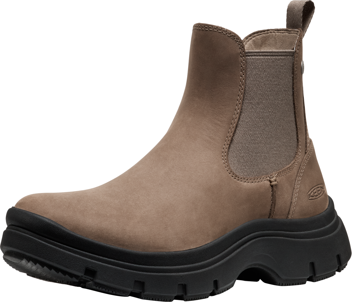 Taupe Chelsea boot with black lug sole.