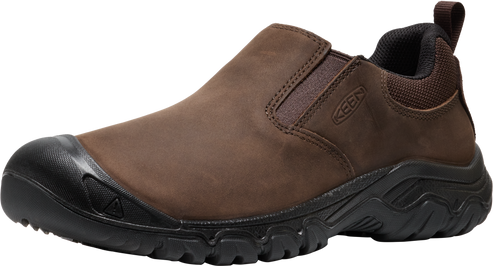 Slip-on brown leather shoe with a black sole and toe cap.