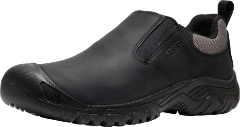 Black slip-on shoe with a rounded toe cap and a textured sole.