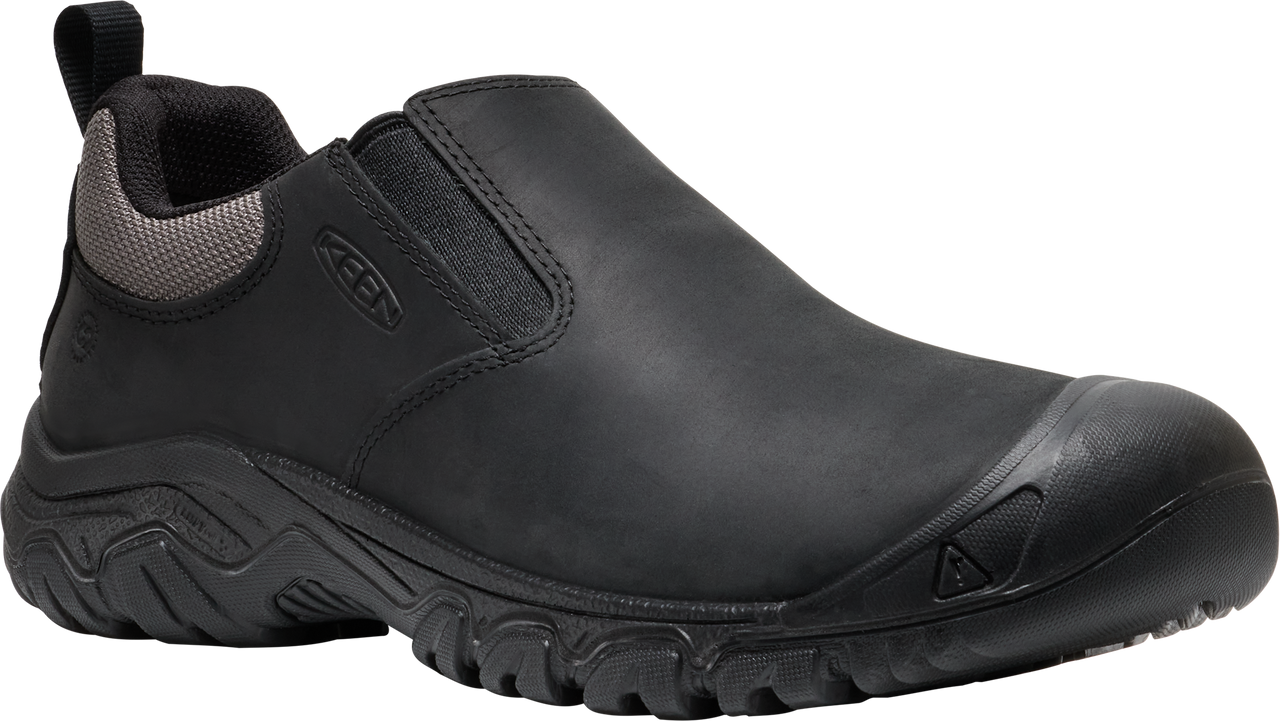 Slip-on work shoe with black leather upper, gray mesh collar, and black outsole.