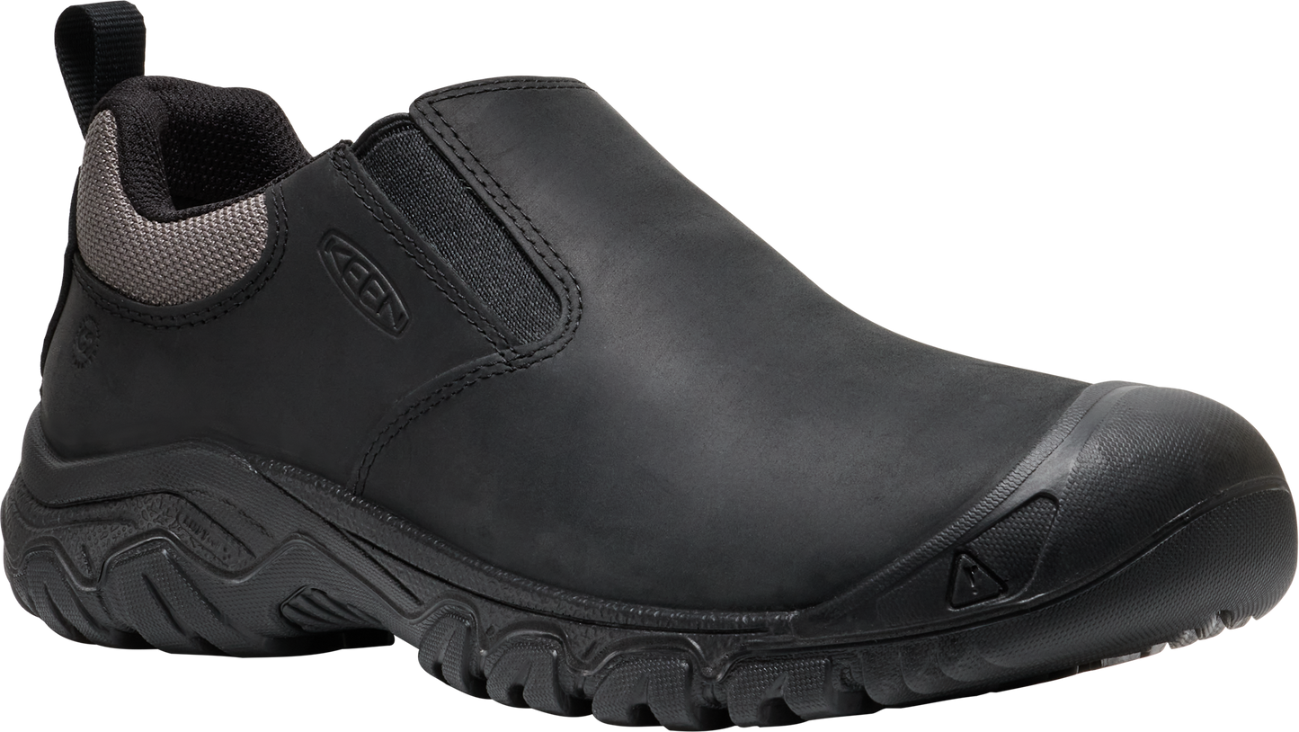 Slip-on work shoe with black leather upper, gray mesh collar, and black outsole.