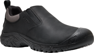 Slip-on work shoe with black leather upper, gray mesh collar, and black outsole.