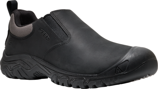 Slip-on work shoe with black leather upper, gray mesh collar, and black outsole.