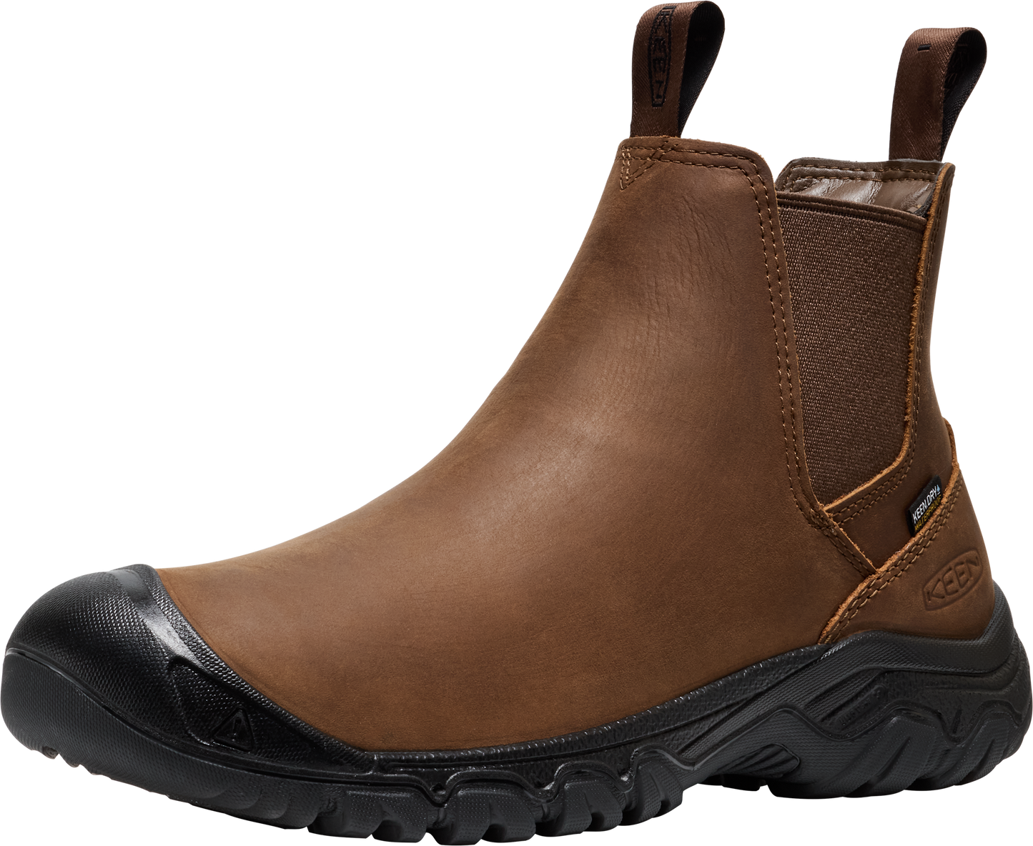 Brown leather pull-on boot with black toe cap and treaded sole.