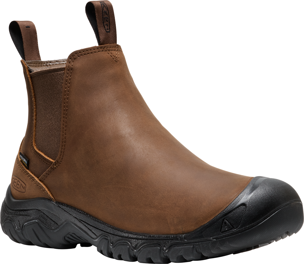 Brown leather slip-on ankle boot with elastic side panels and a black rubber toe cap and sole.
