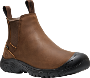 Brown leather slip-on ankle boot with elastic side panels and a black rubber toe cap and sole.