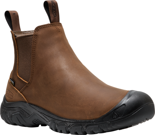 Brown leather slip-on ankle boot with elastic side panels and a black rubber toe cap and sole.