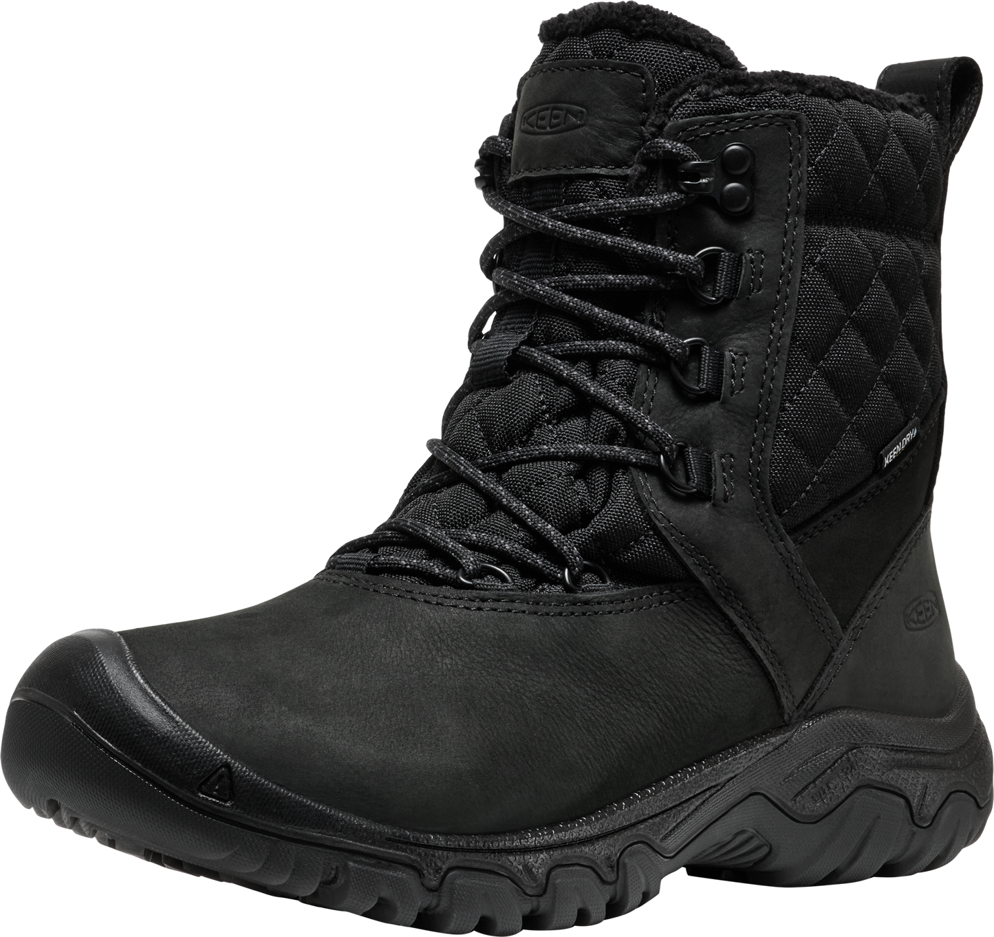 Black waterproof winter boot with quilted shaft and lace-up closure.