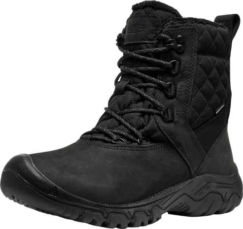Black waterproof winter boot with quilted shaft and lace-up closure.