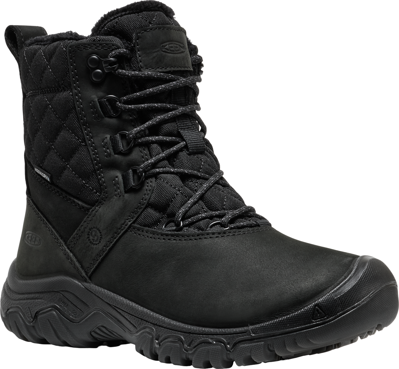 Black winter boot with a quilted pattern and lace-up closure.