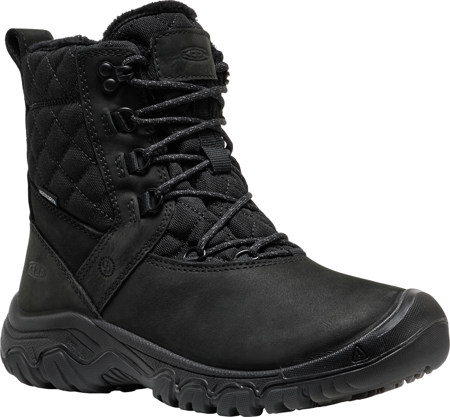 Black winter boot with a quilted pattern and lace-up closure.