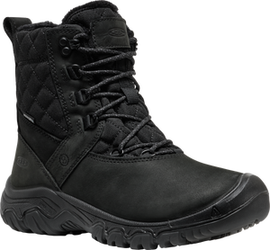 Black winter boot with a quilted pattern and lace-up closure.