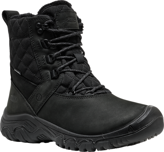 Black winter boot with a quilted pattern and lace-up closure.