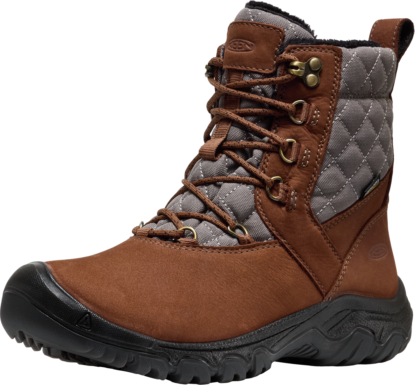 Brown leather and quilted gray fabric high top boot with black sole and brown laces.