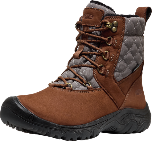 Brown leather and quilted gray fabric high top boot with black sole and brown laces.