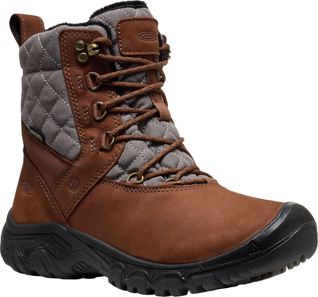Brown leather lace-up boot with a gray quilted fabric upper.
