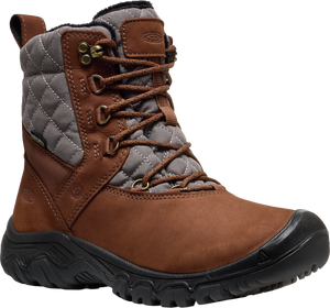 Brown leather lace-up boot with a gray quilted fabric upper.