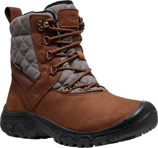 Brown leather lace-up boot with a gray quilted fabric upper.