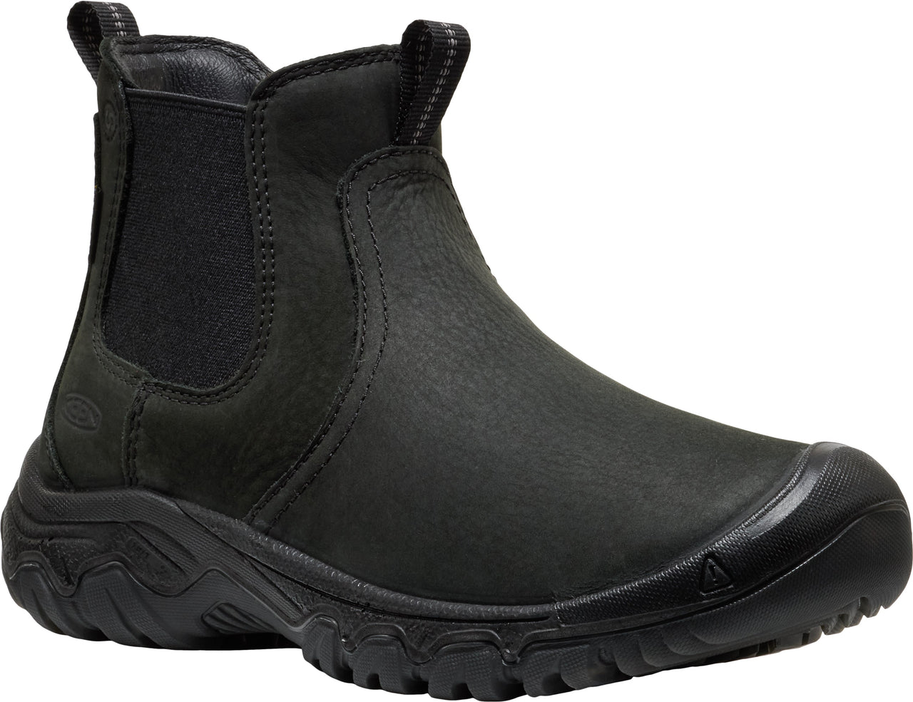 A black leather slip-on ankle boot with an elastic side panel, a pull tab at the collar, and a sturdy, textured rubber sole with a protective toe cap.