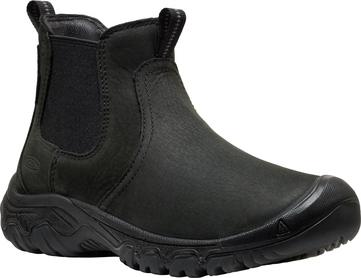 A black leather slip-on ankle boot with an elastic side panel, a pull tab at the collar, and a sturdy, textured rubber sole with a protective toe cap.