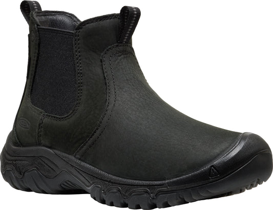 A black leather slip-on ankle boot with an elastic side panel, a pull tab at the collar, and a sturdy, textured rubber sole with a protective toe cap.