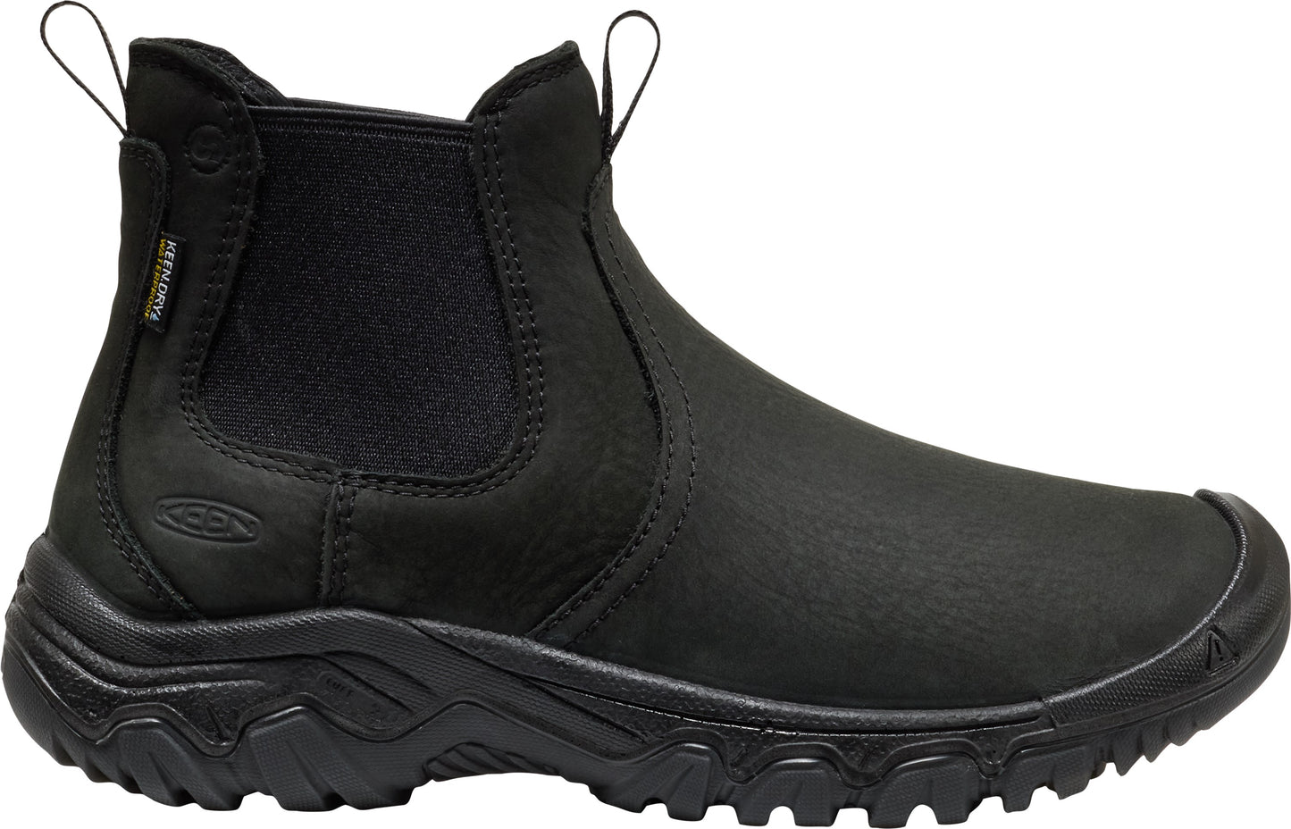A black leather slip-on ankle boot with a rugged, thick rubber tread sole, an elastic side panel, and dual pull tabs at the top.