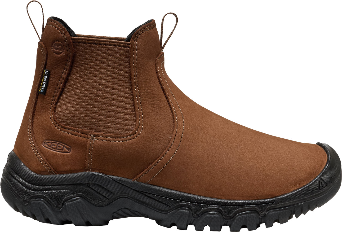 A brown leather Chelsea-style work boot featuring elastic side panels, front and back pull tabs, and a thick, rugged black lugged rubber sole with a protective black toe bumper.