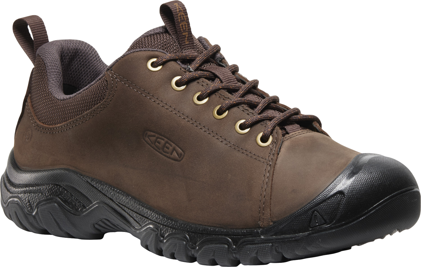 A brown leather shoe with black sole and eyelets.