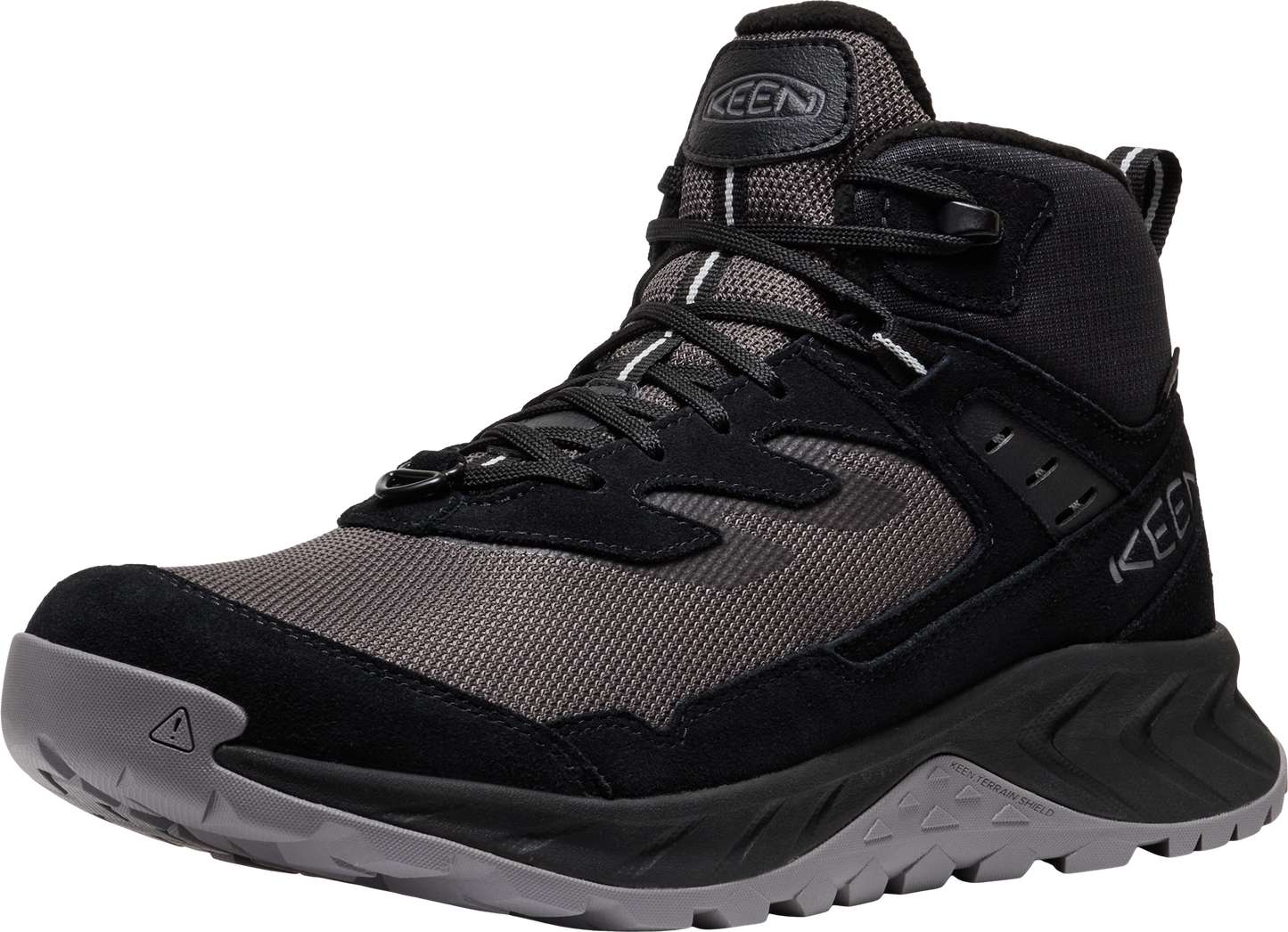 High-top hiking boot, black and grey with visible KEEN logo.