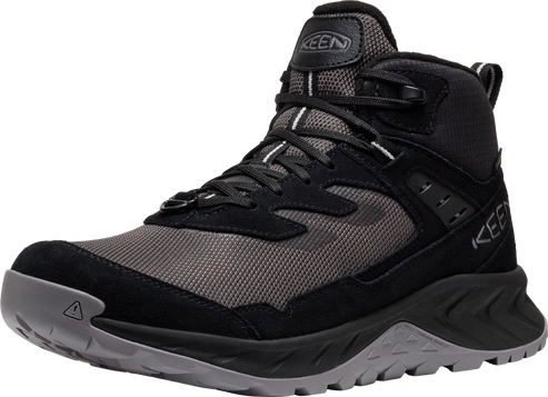 High-top hiking boot, black and grey with visible KEEN logo.
