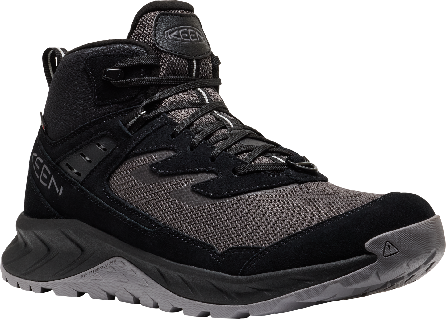 Black and gray mid-height hiking boot with lace-up closure and visible logo on the side.
