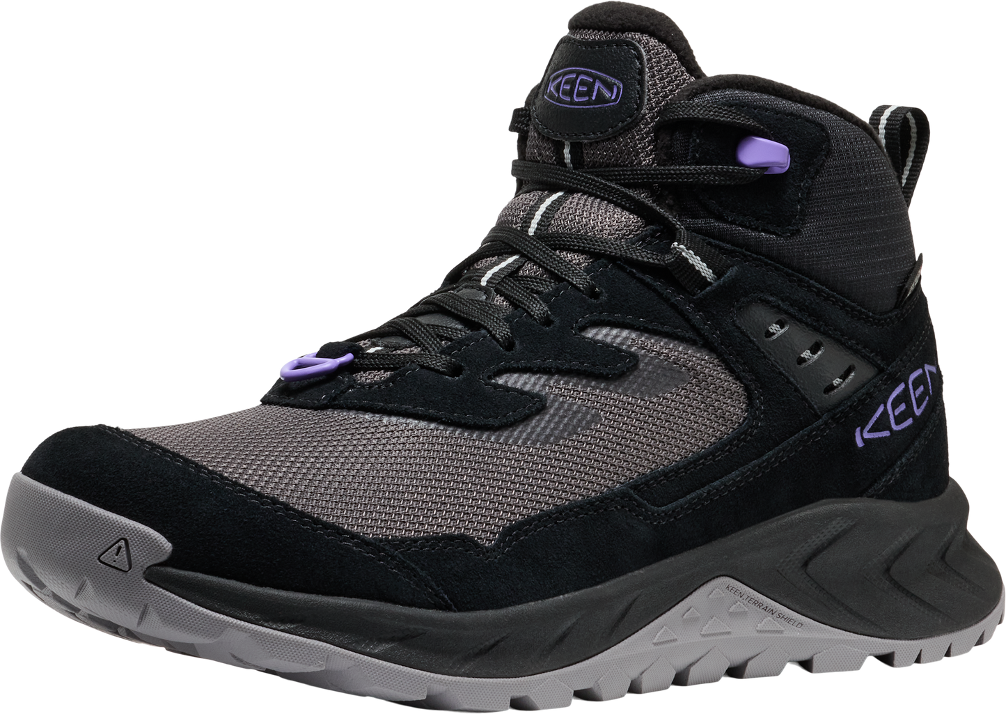 A gray and black hiking boot with purple accents.