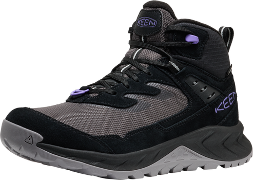 A gray and black hiking boot with purple accents.