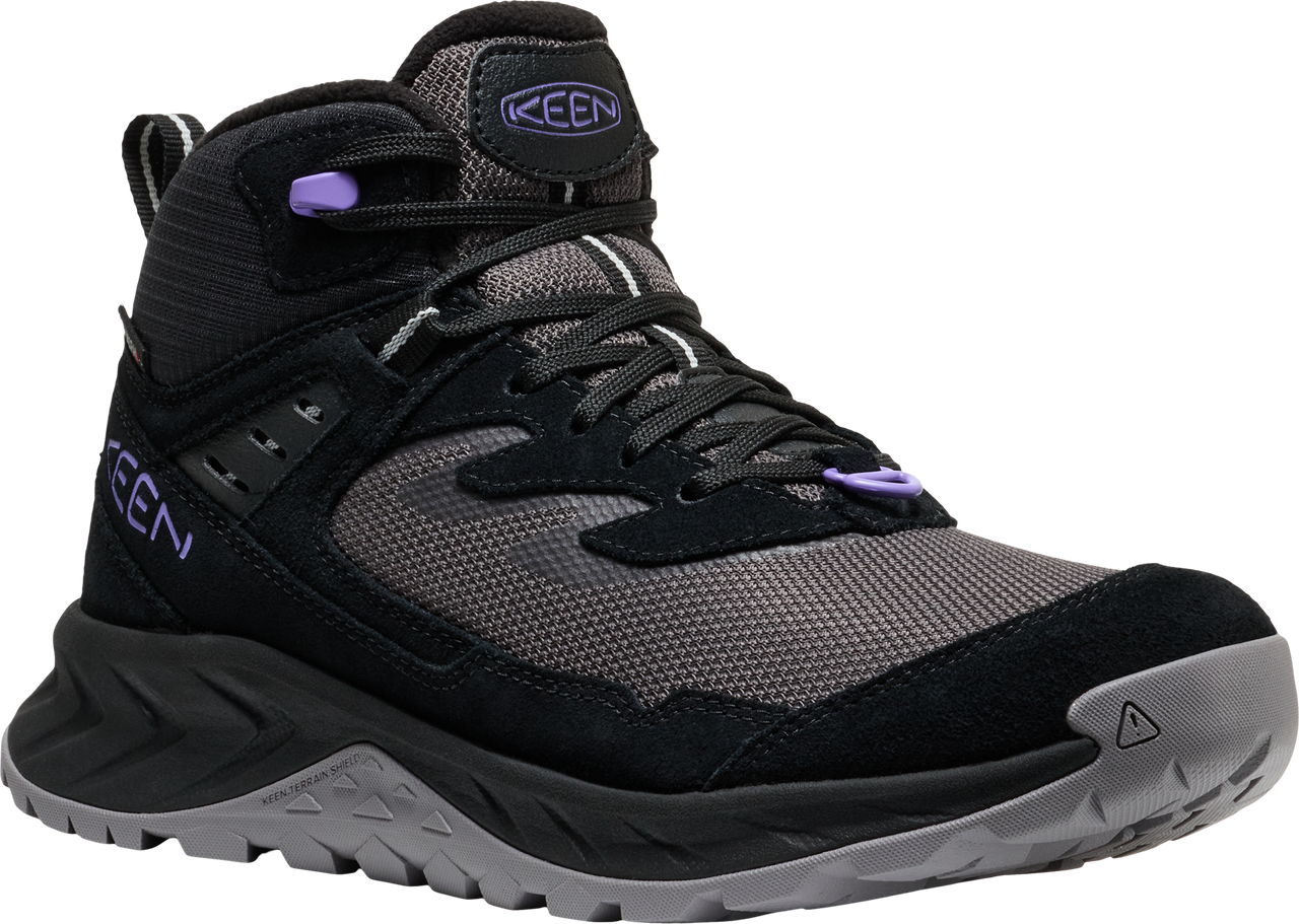 Black and gray hiking boot with purple accents, lace-up closure, and a Keen logo.