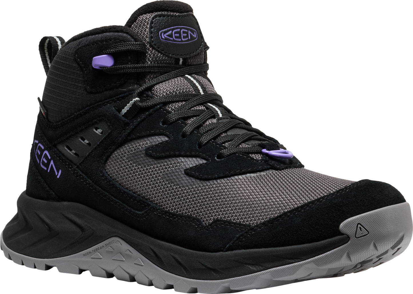 Black and gray hiking boot with purple accents, lace-up closure, and a Keen logo.