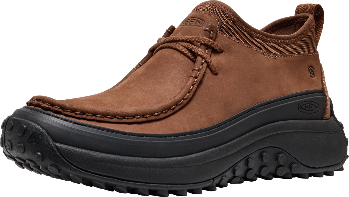 Brown nubuck leather shoe with a black rubber sole and laces.