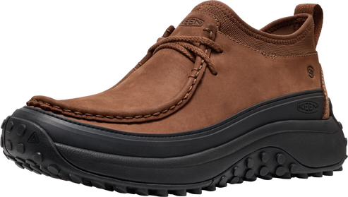 Brown nubuck leather shoe with a black rubber sole and laces.