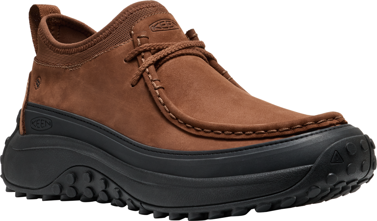 Brown leather shoe with black soles and laces.