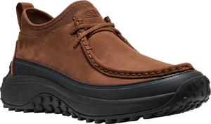 Brown leather shoe with black soles and laces.