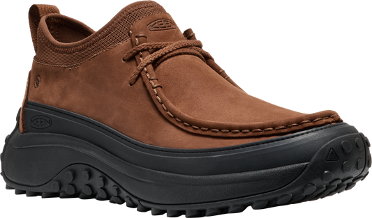 Brown leather shoe with black soles and laces.