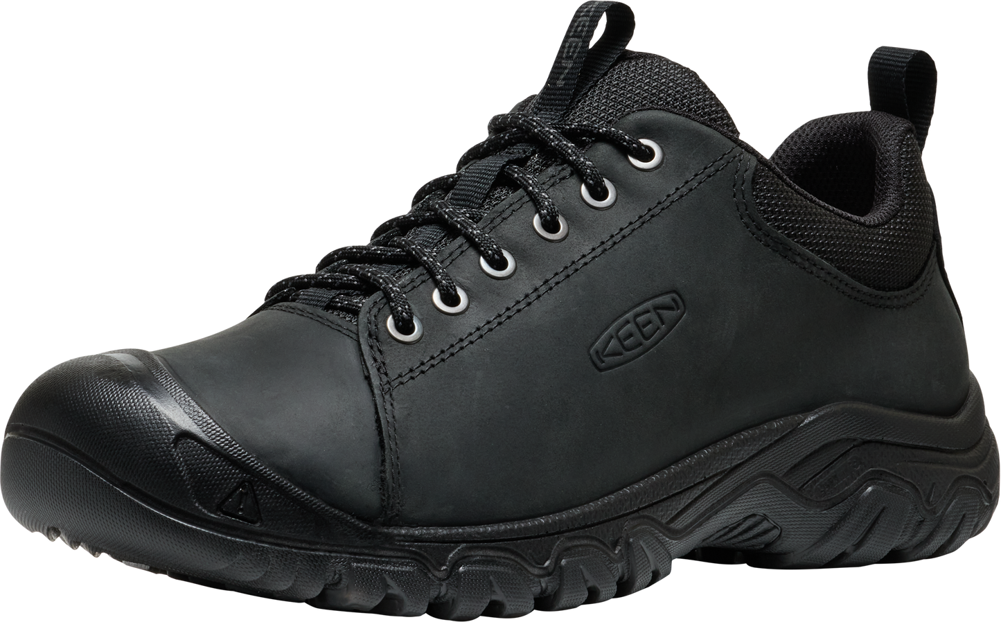 Black hiking shoe with laces and a rubber toe cap.