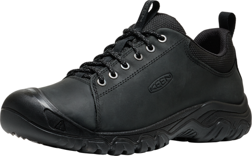 Black hiking shoe with laces and a rubber toe cap.